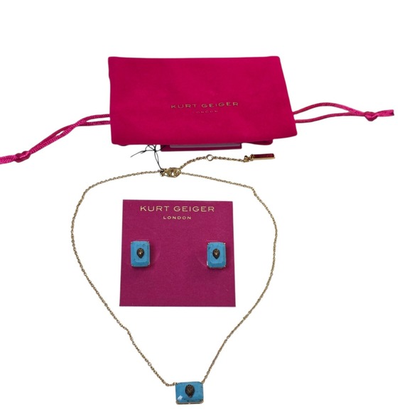 Kurt Geiger London Turquoise Eagle Head Necklace and Stud Earrings Set Gold Tone - Picture 6 of 6